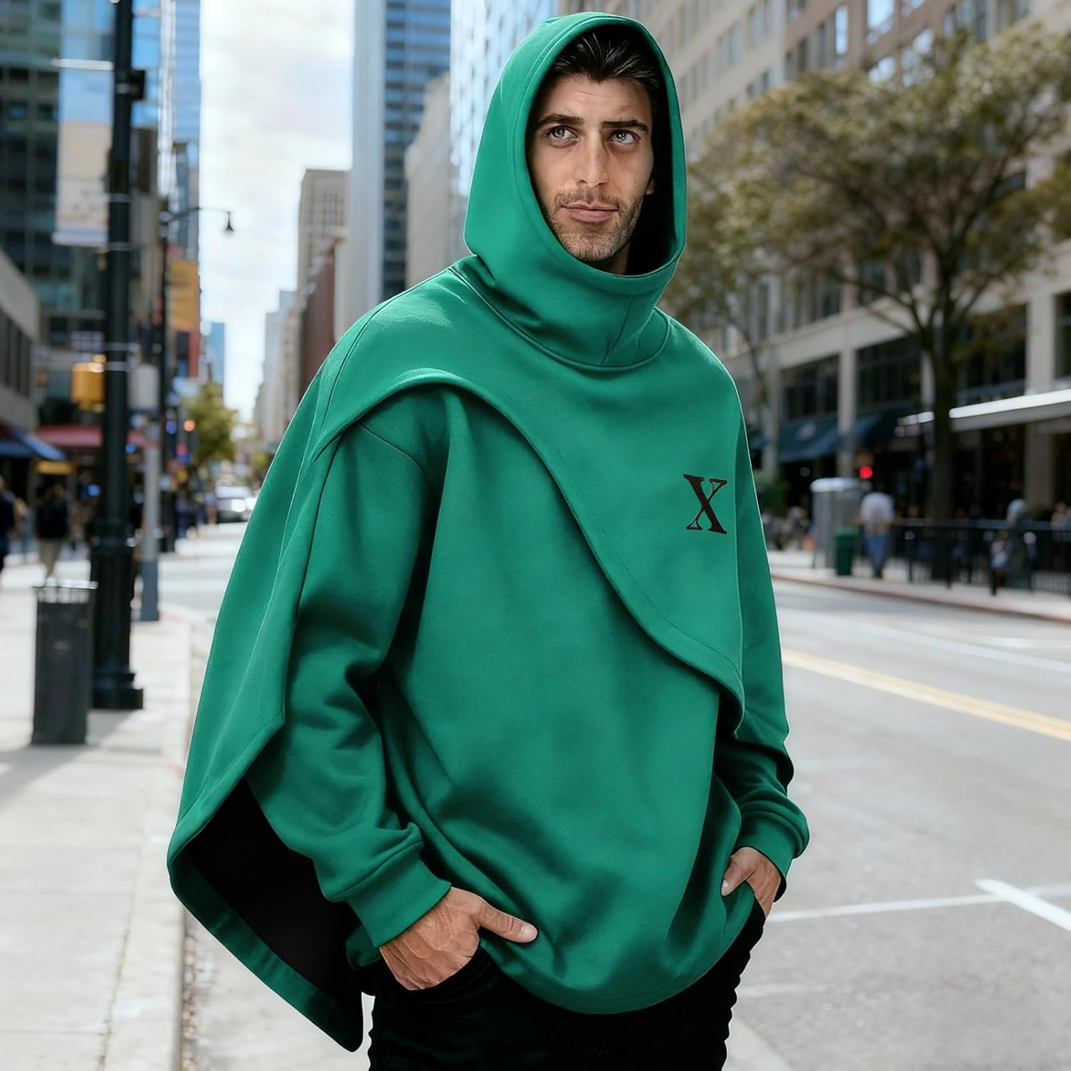 Men's Fashion Poncho Cape Cloak Hoodie Techwear Sweatshirts Unisex Lightweight Patchwork Hip Hop Casual Pullover - Image 2