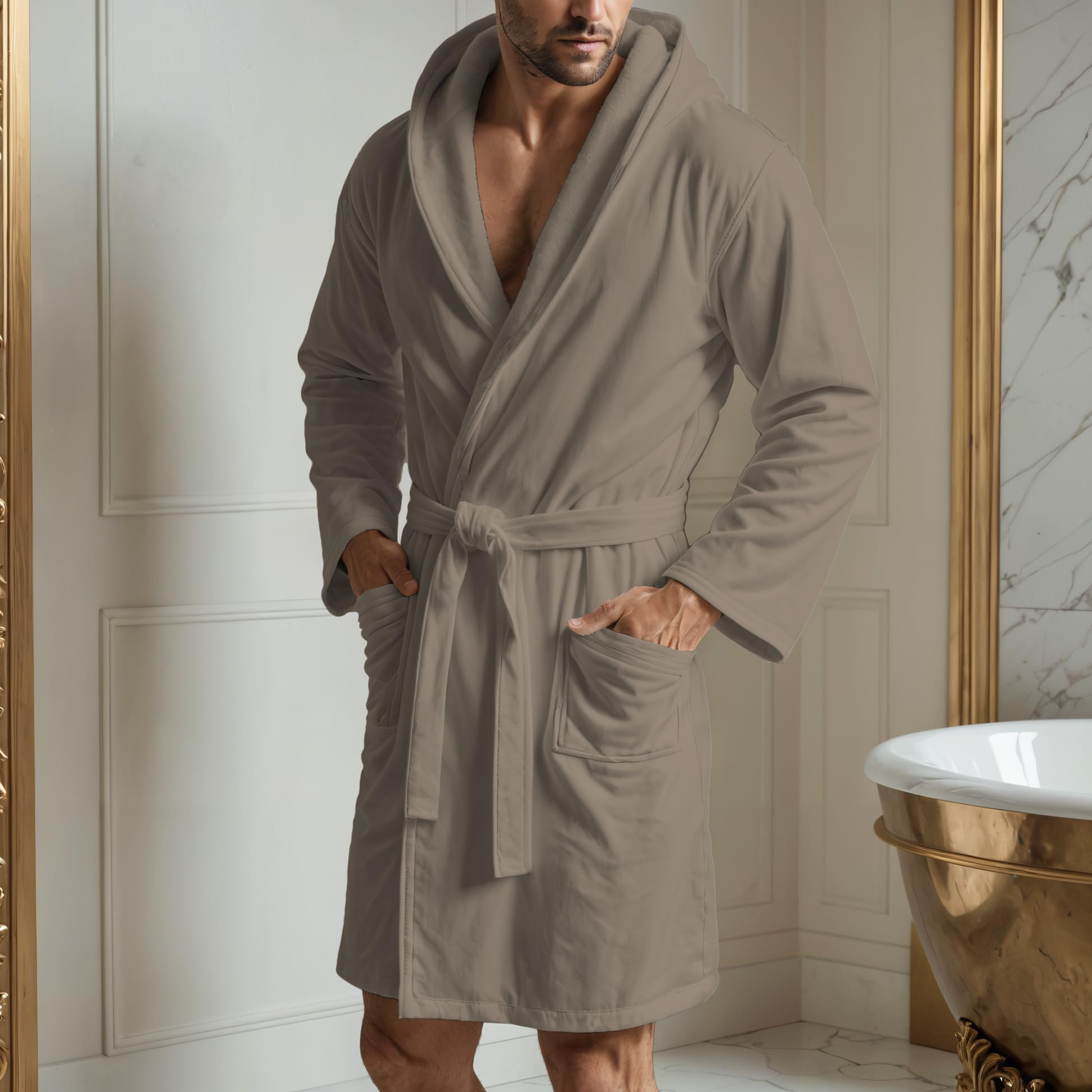 PETTI Artigiani Italiani Szlafrok z Mikrofibry Męski Damski z Kapturem, Kieszeniami, Paskiem, Unisex Szybkoschnący na Siłownię, Basen, Plażę, Spa, Taupe, L