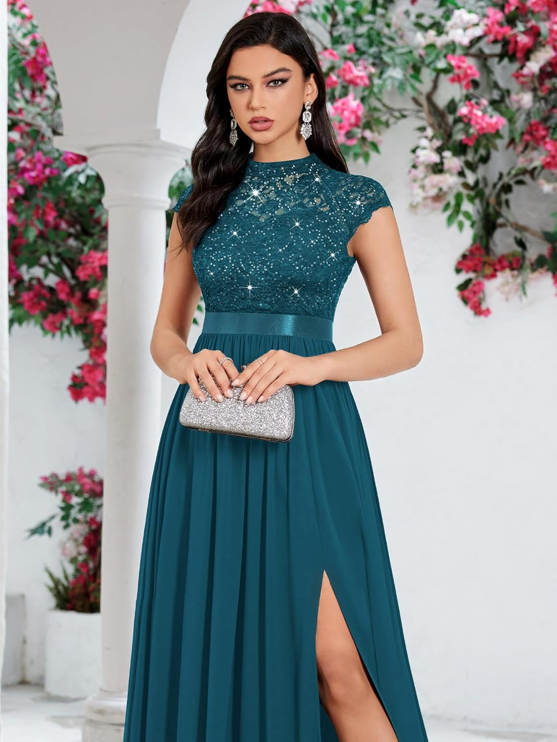 Miusol Women's Elegant Sequin Lace Contrast Chiffon Split Style Evening Party Maxi Dress - Image 3