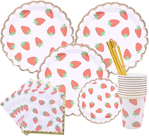 Miniatura 4 de Juego de vajilla desechable de fresa, suministros para fiestas, incluye platos, tazas, popotes y servilletas para fiestas, baby shower de