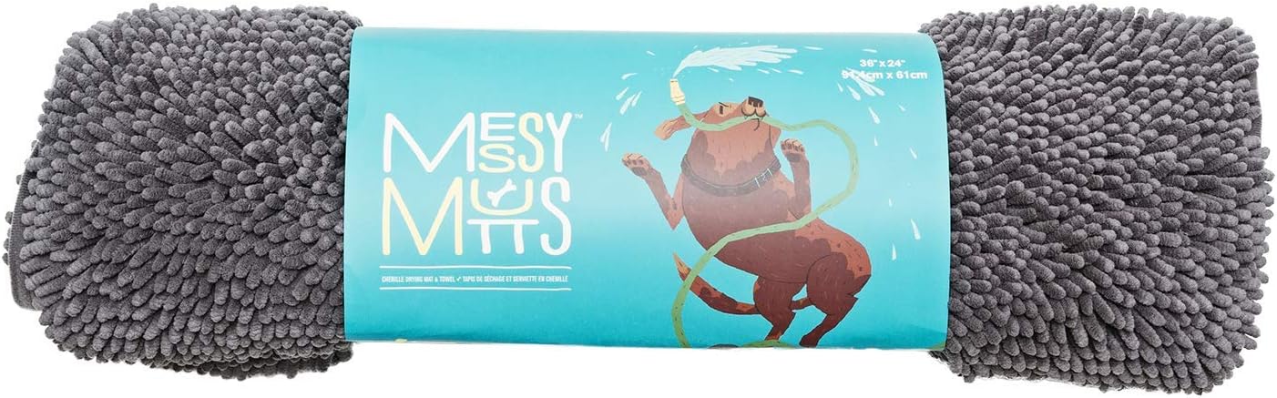 Messy Mutts Microfiber Mat & Drying Towel with Hand Pockets | Super Absorbent Dog Shammy | Soft, Durable Chenille Dog Towel | Slip-Resistant Washable Mat | Small, 31.5” x 19.25”