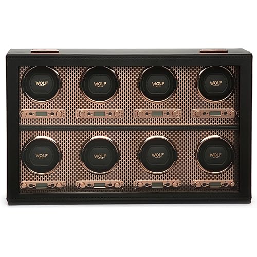 Wolf Axis Watch Winder with Glass Cover - Secure Fit with Patented Lock-in Dynamic Cuff - Accommodates All Wrist Sizes - Vegan Leather - Includes Universal Adapter