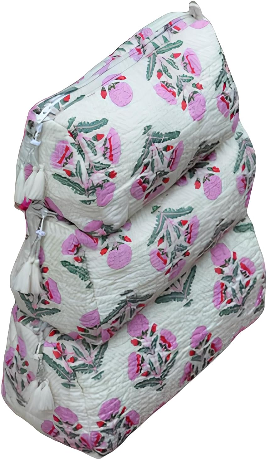 INDACORIFY Quilted Make up Cosmetic Bag Hand Block Print Waterproof Toiletry Bags Storage Bag in Cotton Fabric 3 Pieces Make up Pouch Set