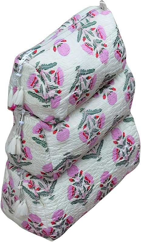 Necessaires INDACORIFY de algodão com estampa floral, fechamento por zíper, 3 tamanhos, Pattern- 8