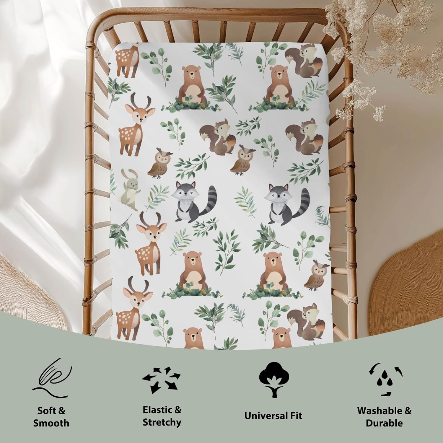 Cute Animals Green Leaves Baby Crib Sheets for Boy Girl 52"x28" Bear Deer Squirrel Bunny Owl Soft Snug Fitted Crib Mattress Cover Wild Animals Nursery Baby Sheet for Crib & Toddler Bed Mattresses