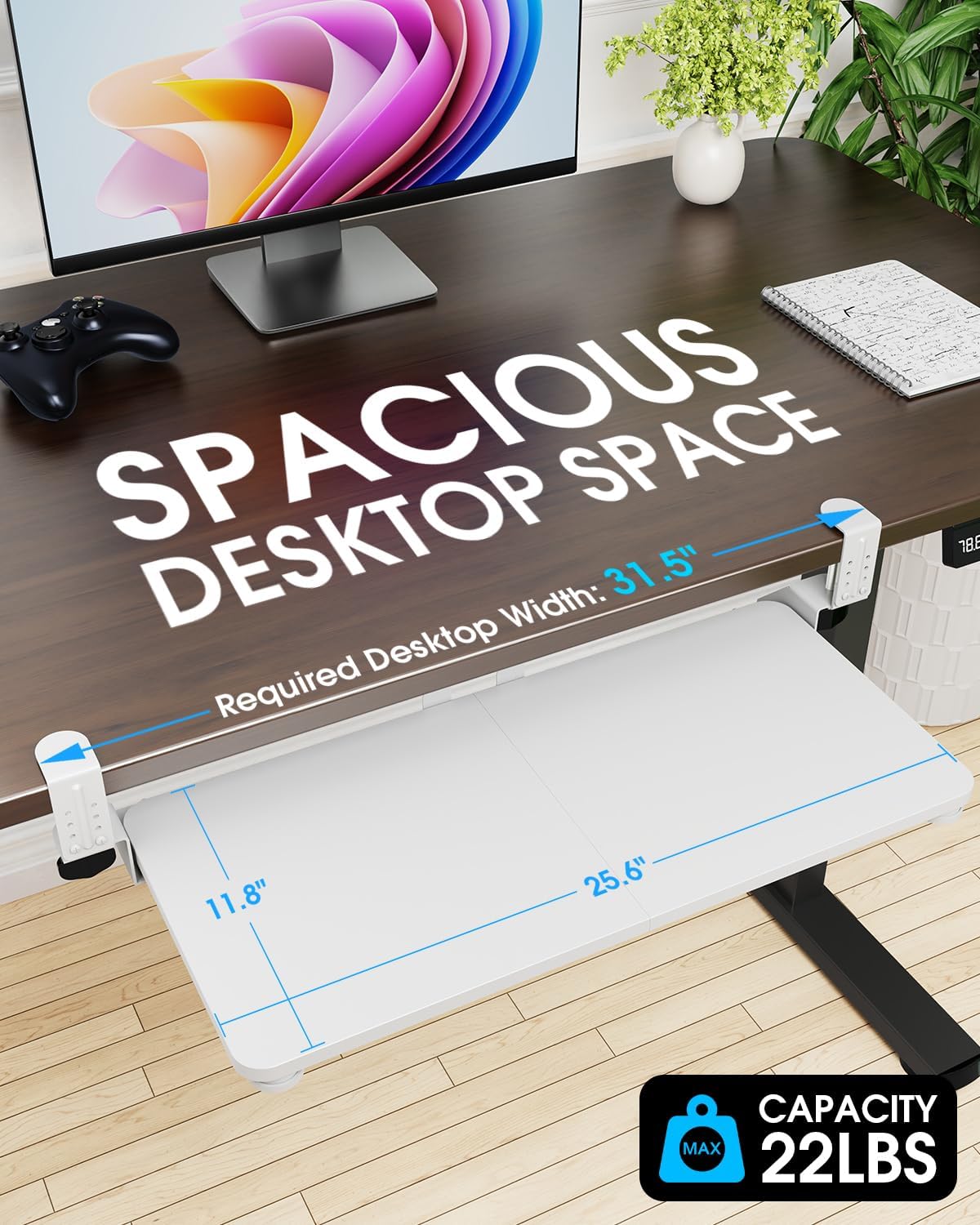 Large Keyboard Tray Under Desk, Pull Out Keyboard & Mouse Tray with Adjustable C-clamp, 25.6(31.5 Including Clamps) x 11.8 Inch Slide Out Computer Keyboard Drawer Mouse Tray for Typing, White