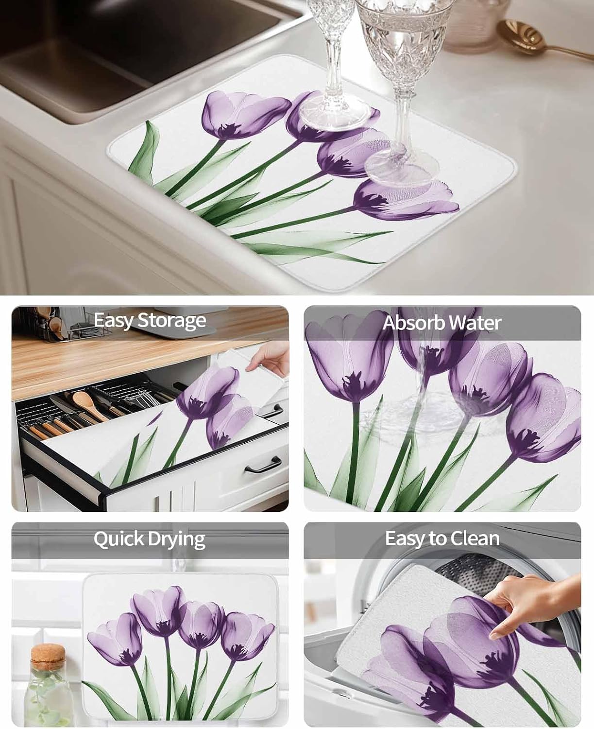 Dish Drying Mat for Kitchen, Vintage Purple Tulip Transparent Watercolor Texture Absorbent Dish Drying Pad, Kitchen Counter Mat for Dishes Utensils Camping, 18"x24"(2 Pcs)