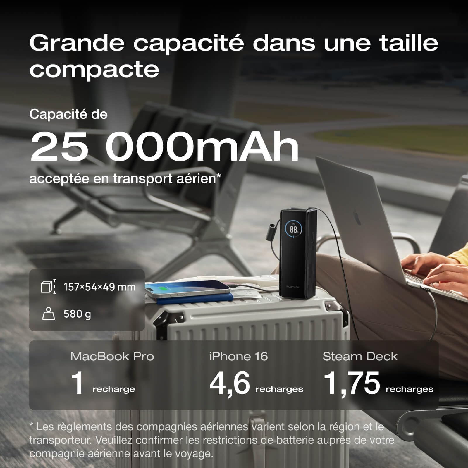 EcoFlow Powerbank Batterie Externe 25000mAh 170W avec 2 Câbles Intégrés Rétractable 100W, Chargeur Portable 4 Ports USB C Laptop Power Bank PC pour iPhone 17/16/15 Pro Max, Samsung, MacBook, Noir