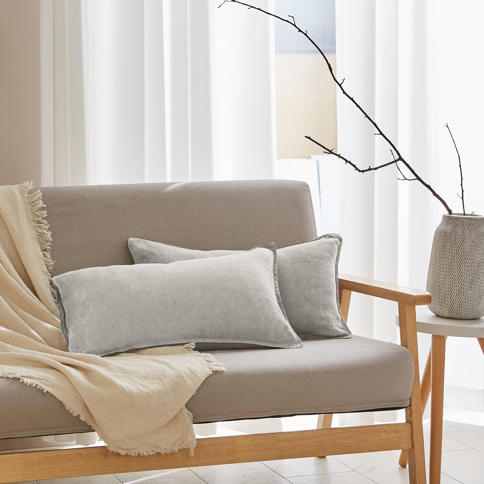 Simple&Opulence 100% Linen Lumbar Pillow Cover 12 x 20 Inches Set of 2 Rectangular Decorative Throw Cushion Cover for Couch Sofa Bed Living Room Office Soft Breathable Farmhouse - Light Grey