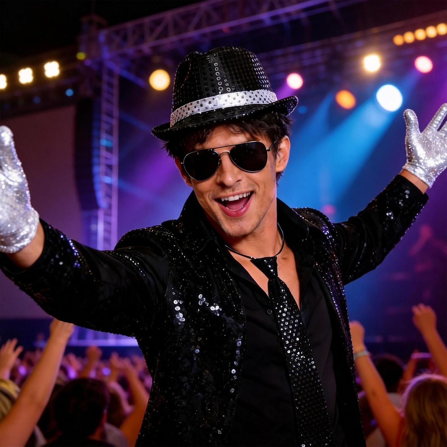 MEDOJO 70s 80s Disco Outfits Mens Dance Star Costume 70s 80s Pop Stage Sequin Gloves Black Fedora Hat Sunglass Tie Sequin Strap for Cosplay Party Halloween