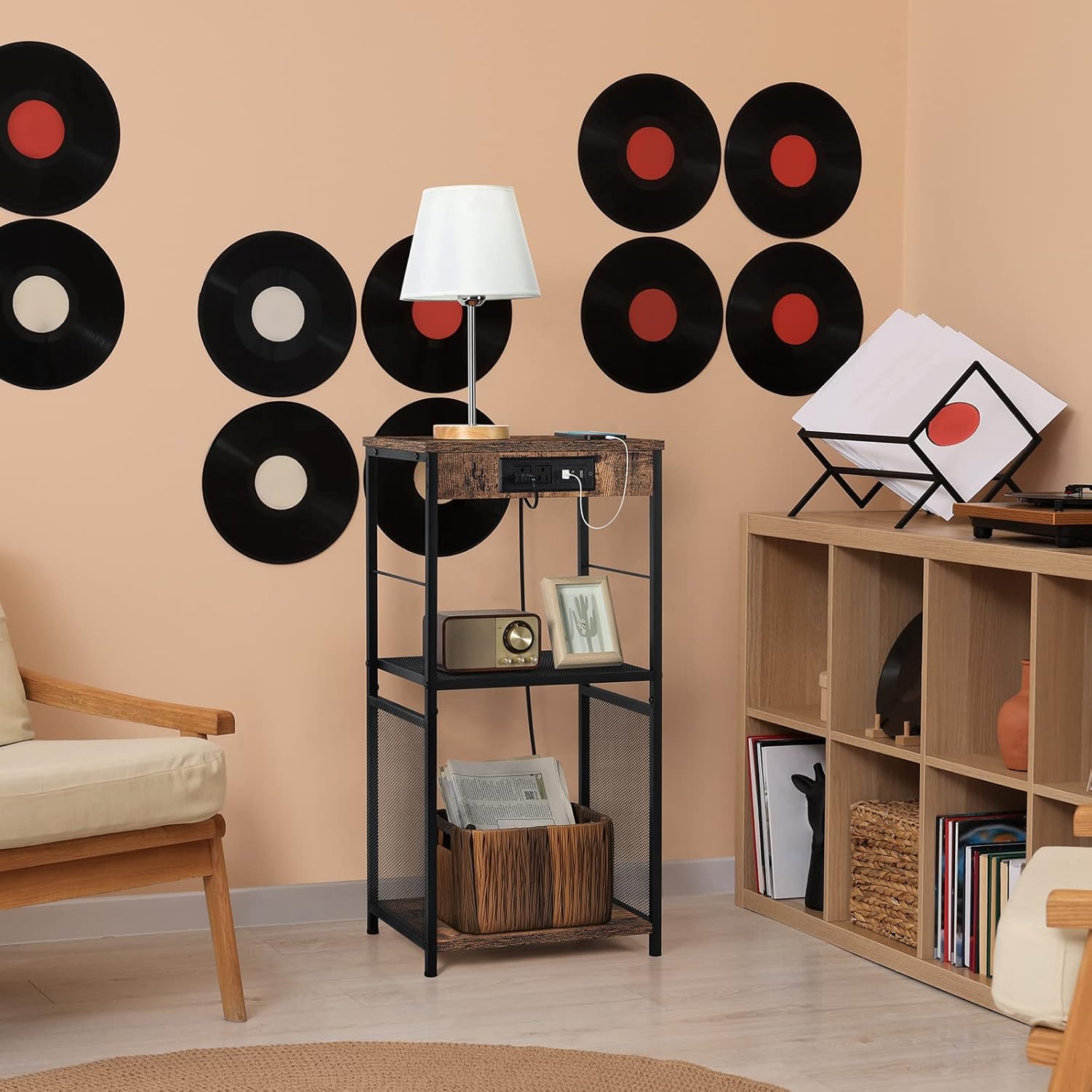CADUKE Vinyl Record Stand Record Player Table with Charging Station Turntable Stand with Record Storage Brown Vinyl Record Display Stand with USB Ports End Table with Power Outlets, Farmhouse