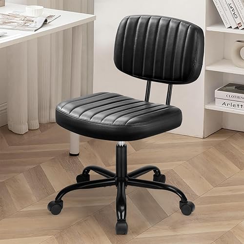 Miniatura 5 de DUMOS Silla de oficina pequeña sin brazos con ruedas giratorias, cómoda silla de computadora de piel sintética con respaldo bajo, silla de tocador