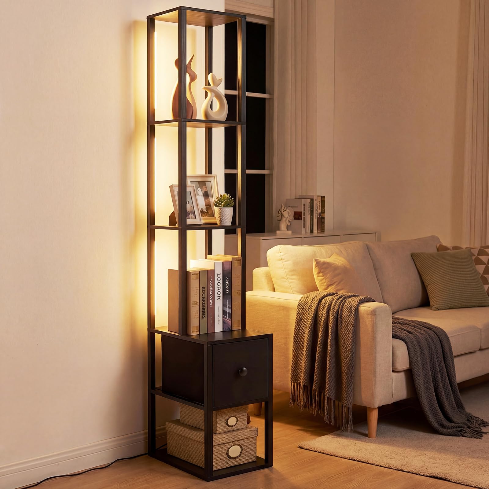COSTWAY Lámpara de Pie con Estantes y Cajón, Lámpara de Pie Moderna con Mesa Auxiliar y Brillo Ajustable, Lampara de Esquina de Madera para Salón, Sofá, Dormitorio y Oficina, (Bombilla Incluida)