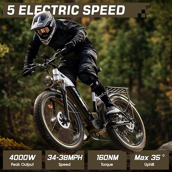 Seemoon 4000W Dual Motor EBike,52V 1040Wh,38MPH Up to 105Mi,26 All Terrain | USB charging port,phone holder.Step Thru & 7-speed.Removable battery.160Nm torque.30-105mi range.Commuters & trail riders