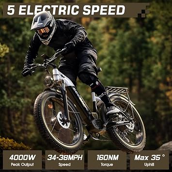 Seemoon 4000W Dual Motor EBike,52V 1040Wh,38MPH Up to 105Mi,26 All Terrain | USB charging port,phone holder.Step Thru & 7-speed.Removable battery.160Nm torque.30-105mi range.Commuters & trail riders