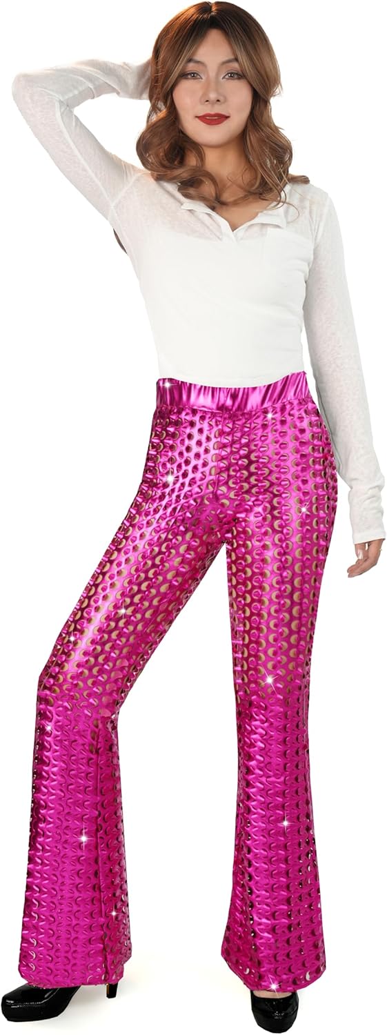 Nawgut Sequin Flare Pants Sparkly Glitter Bell Bottom High Waisted Hollow Trousers Party Clubwear for Women - Image 3