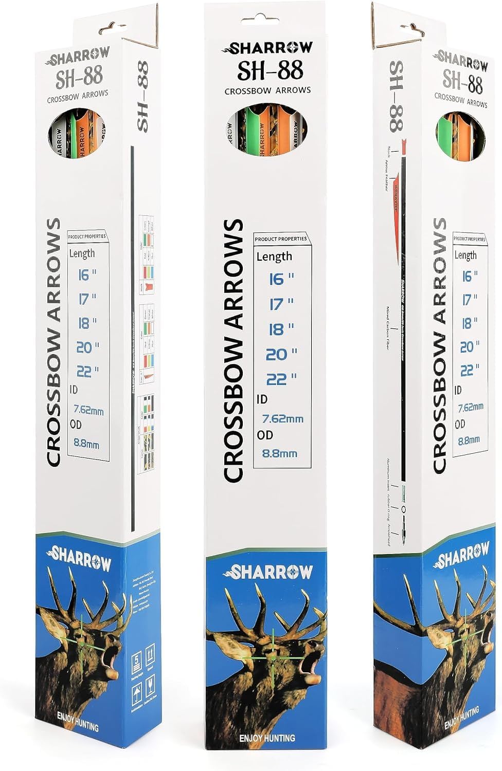 AMEYXGS Crossbow Bolts - 12 Pack of 16/17/18/20/22 Inch Camo Carbon Shaft Arrows with Replaceable Tips and Shield Rubber Feathers