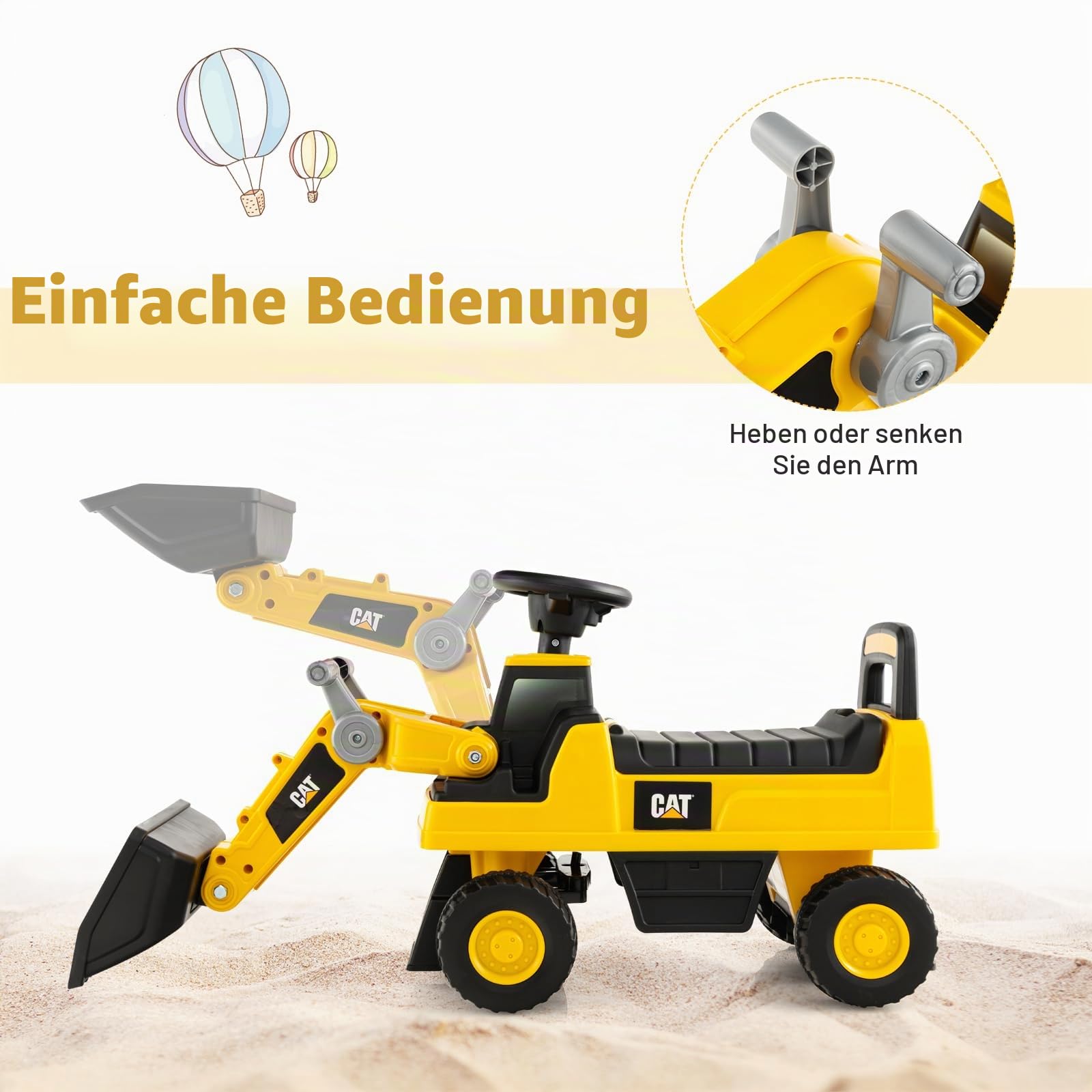 SOARS Sitzbagger, Kinderbagger mit Lenkbarer Schaufel, Rutschauto mit Hupe, verstecktem Stauraum & Kippschutz, Bagger zum Draufsitzen bis 25 kg belastbar, für Kinder ab 1 Jahr