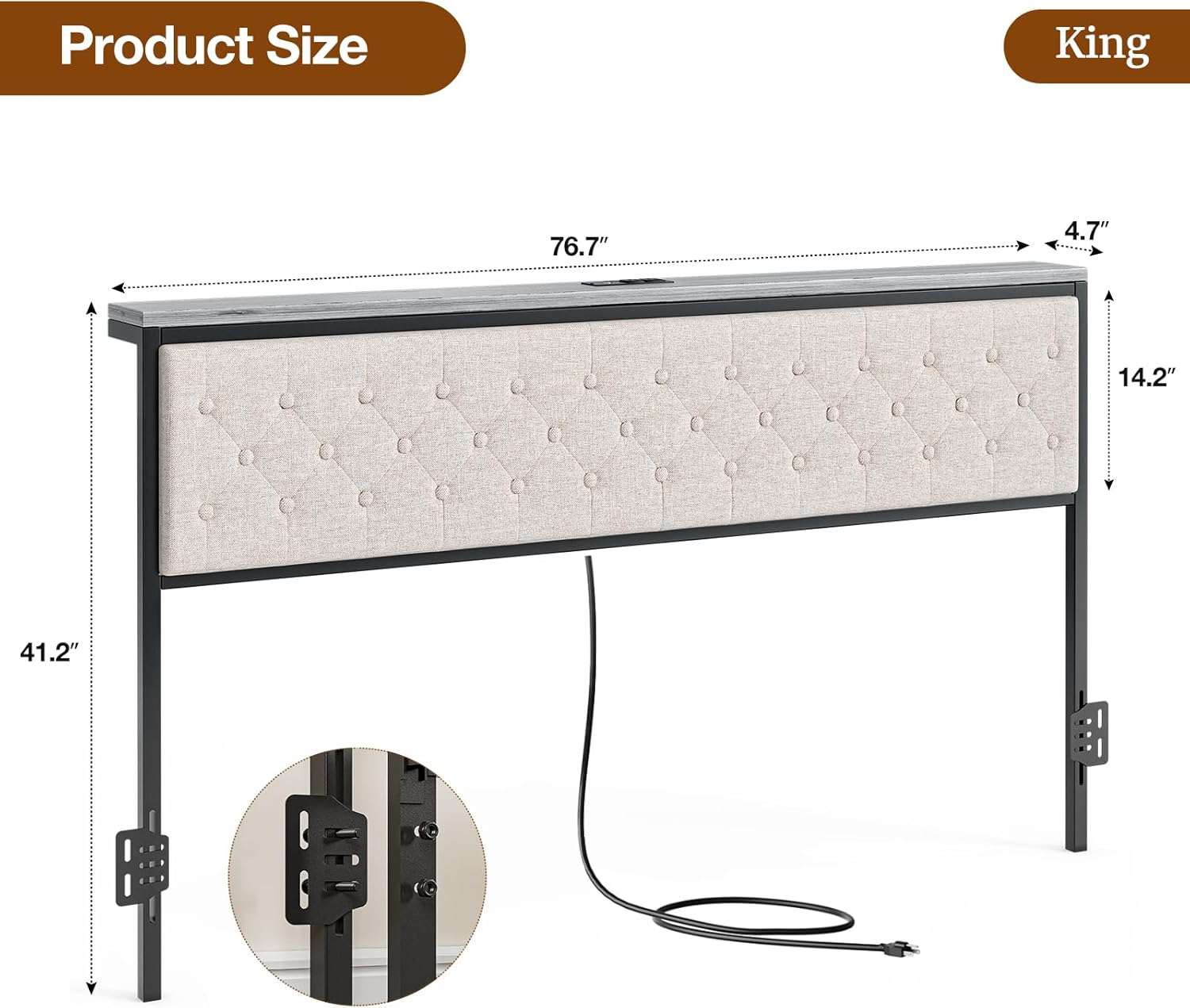 IKIFLY King Headboard with Storage and Charging Station, Upholstered King Size Storage Headboard Only with Bed Frame Brackets Adapter, Button Tufted Design, Easy Assembly, Beige