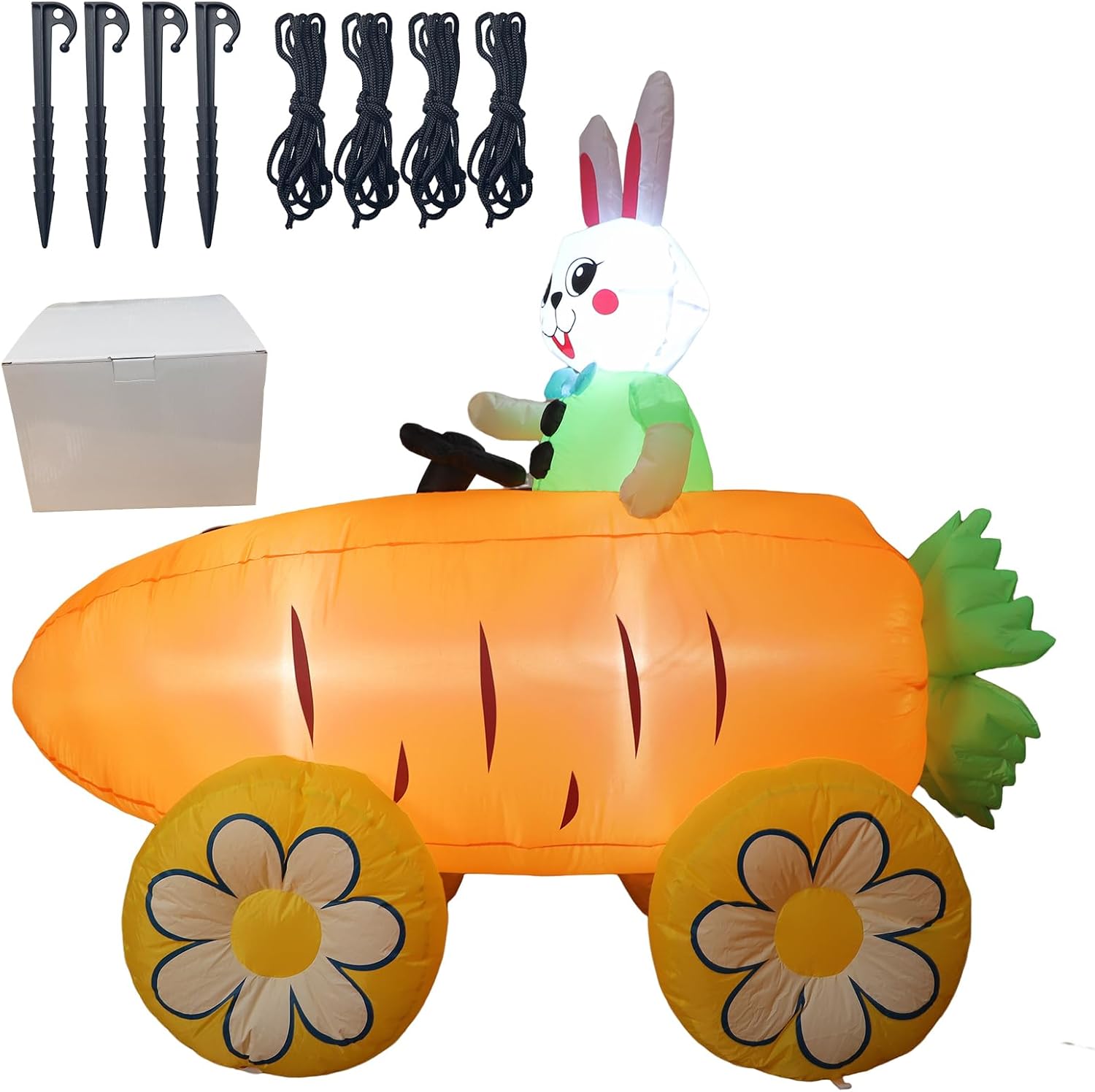 6 FT Easter Inflatable Bunny on Carrot Cart - LED Lighted Blow Up Yard Decoration, Indoor Outdoor Garden Lawn Holiday Party Decor for Easter