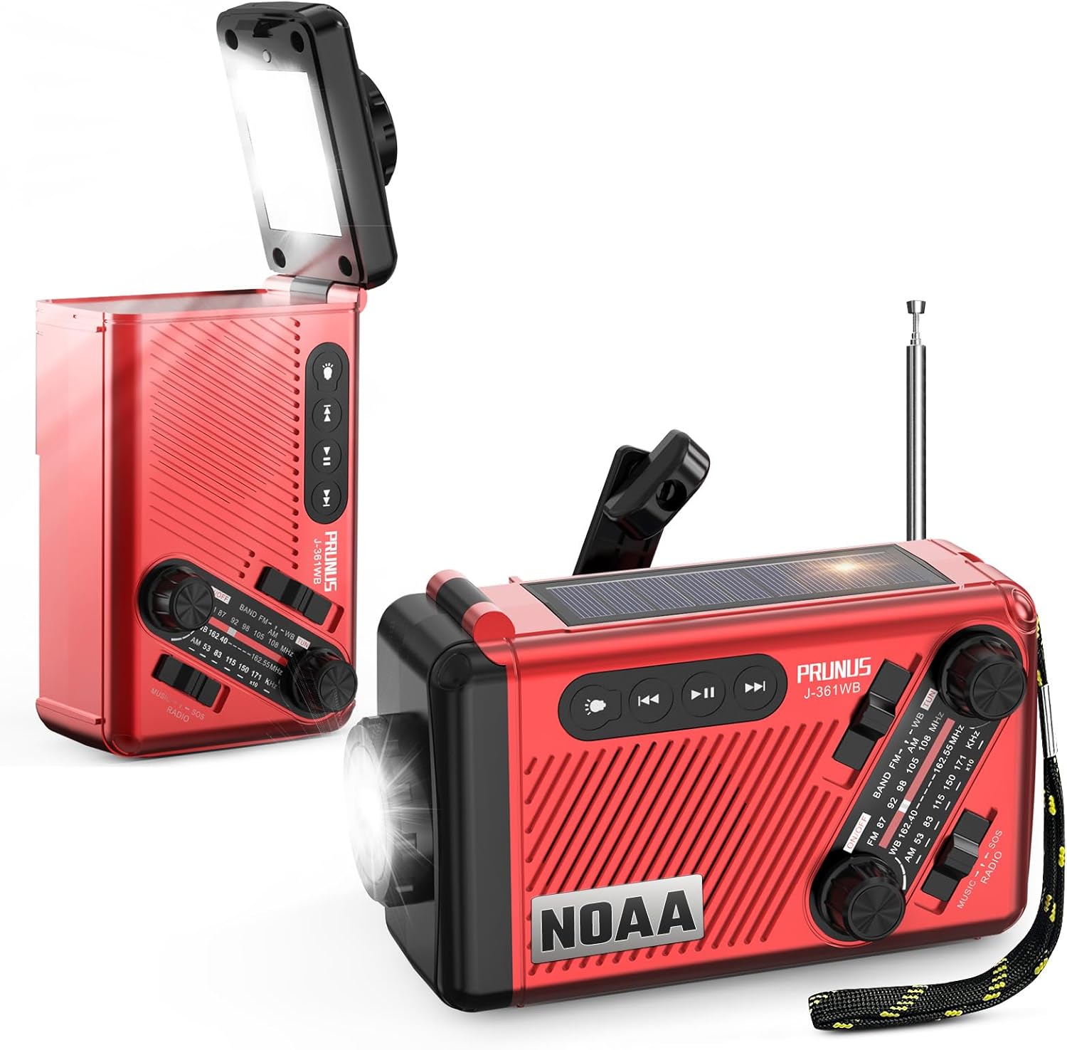 PRUNUS J-361 Emergency Climate Radio, 9250mWh Energy Financial institution,AA Batteries/Hand Crank/Photo voltaic/USB Charging, NOAA/AM/FM, LED Flashlight,SOS Alarm & Flashlight, 1 Pack