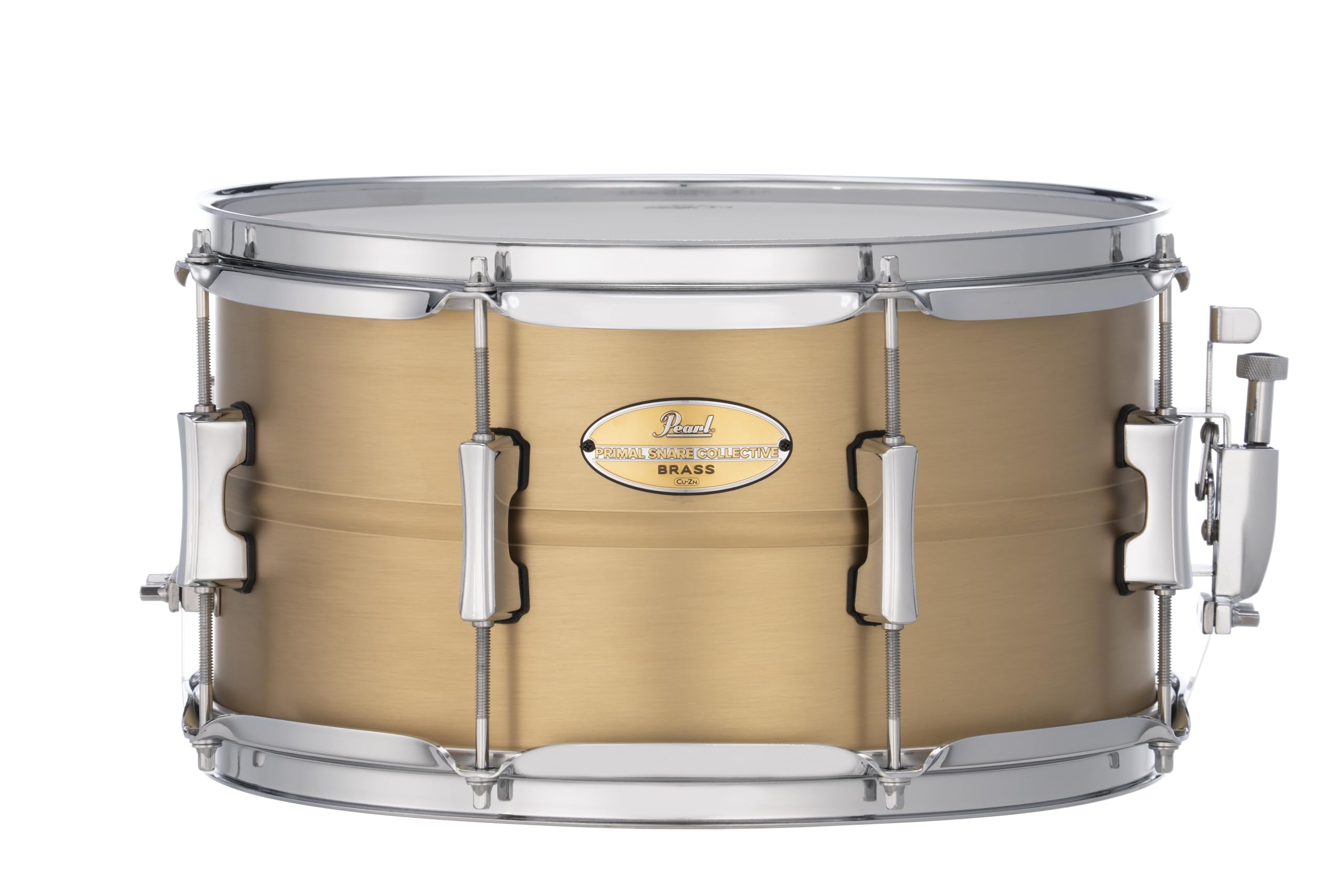 Pearl Primal Snare Collective Snaredrum aus Messing, 33 x 17,8 cm, mit 1 mm Perlenschale, gebürstete Oberfläche, 2,3 mm dreifach geflanschte Reifen, zwei Spannösen und Deluxe-Sieb.