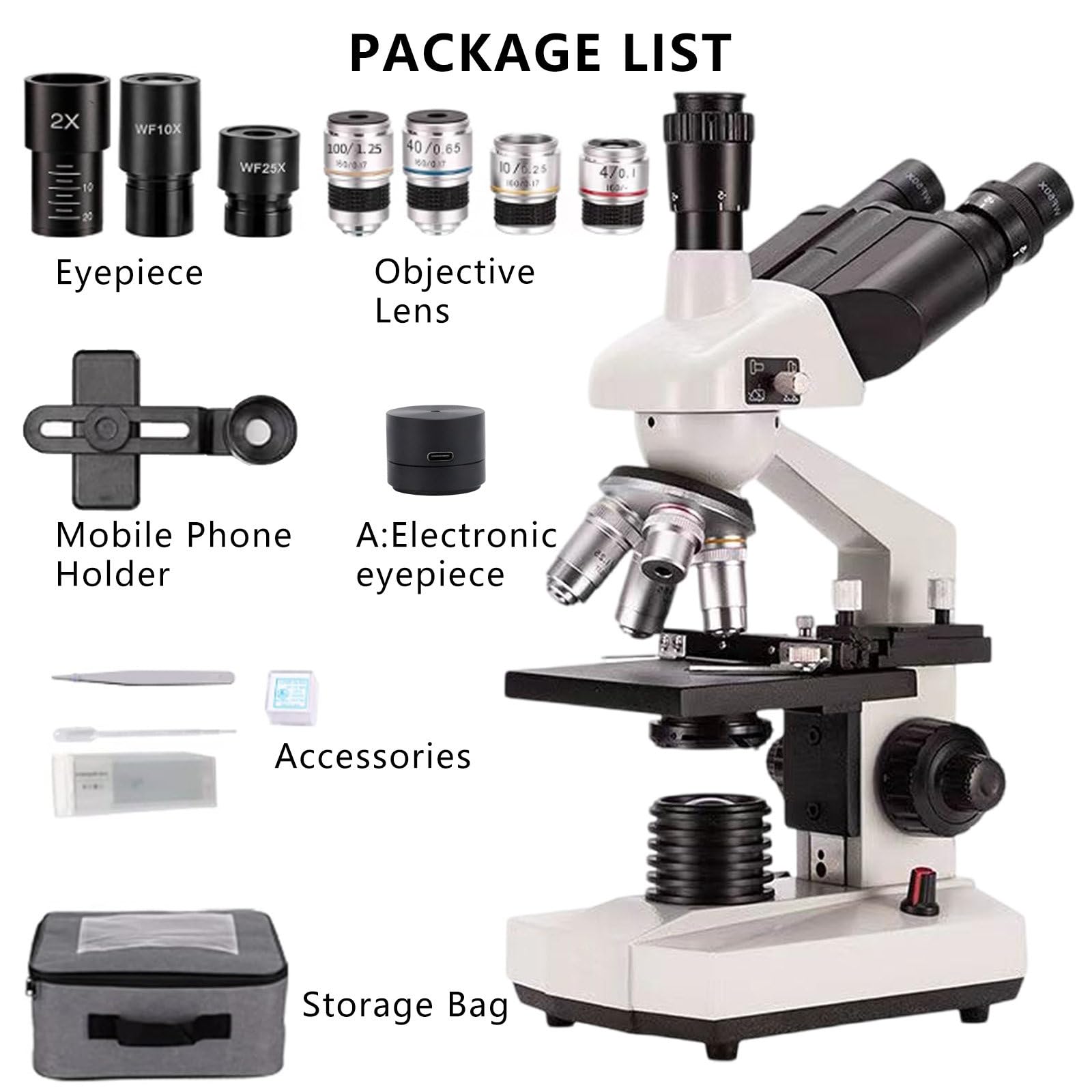 Microscopio BiolóGico Educativo para Estudiantes, Platina MecáNica De Doble Capa Y Perilla De Enfoque Grueso/Fino Coaxial, Microscopio Trinocular Compuesto,5000X+A