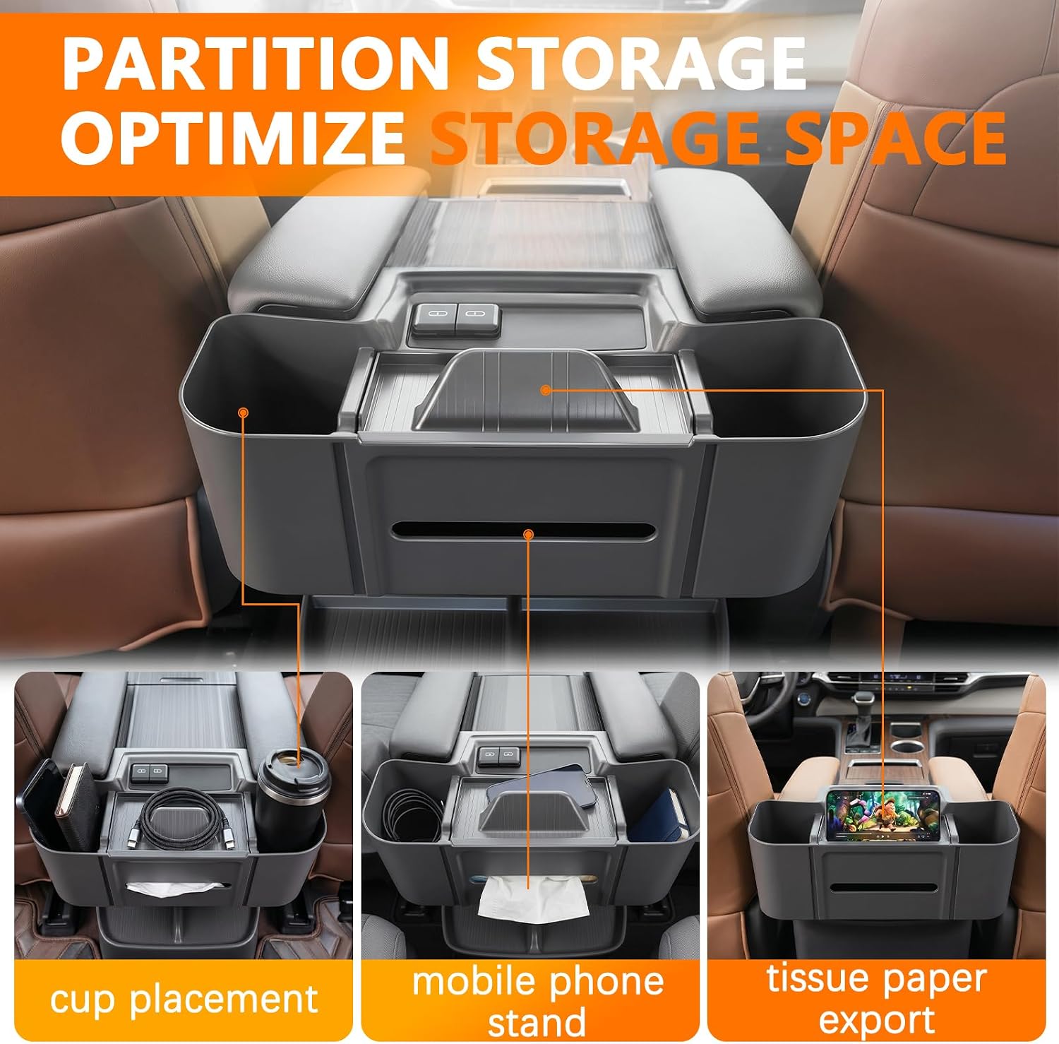 Rear Center Console Hanging Organizer for Toyota Sienna 2021-2026, 3-in-1 Backseat Storage Box with Spill-Proof Cup Holders/Tissue Holder/Phone Stand/Trash Bin, Waterproof ABS Interior Accessories