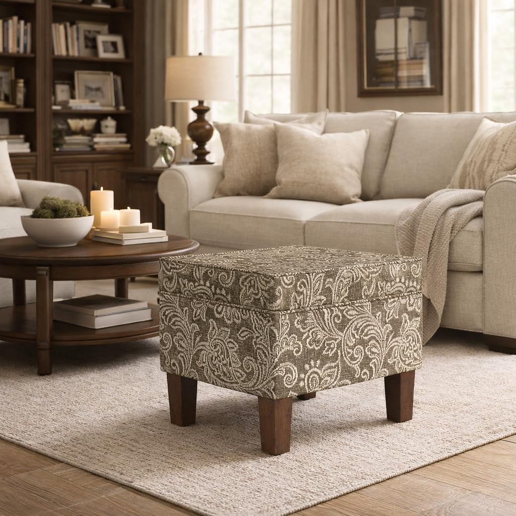 homepop home decor |k7646-a880| upholstered modern rectangular storage ottoman | hinged lid ottoman with storage for living room & bedroom, brown jacobean print