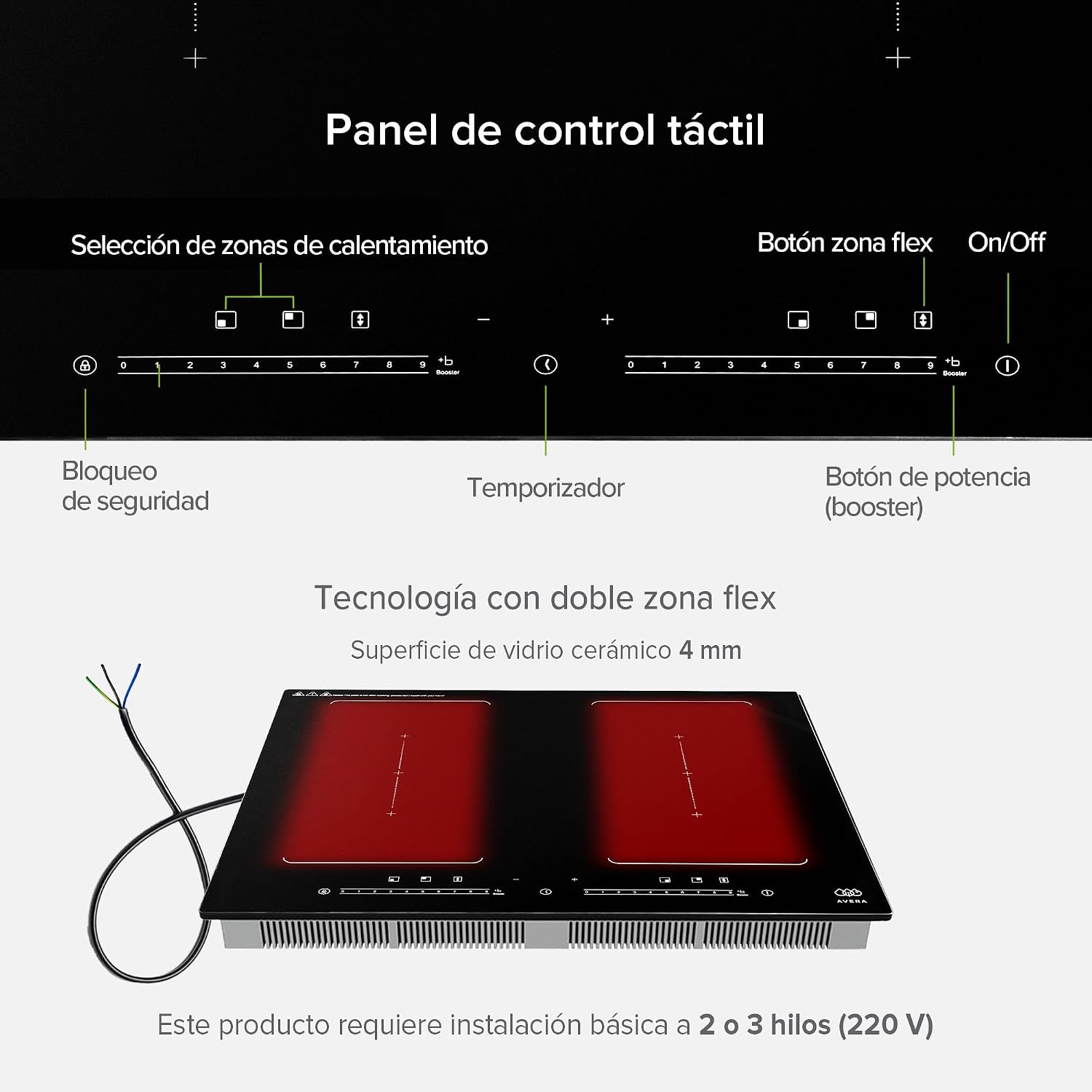 AVERA PIVF2 Induction Cooktop highlighting 220V, 9 temperature levels, 7000W total power (8000W with booster), touch control panel, 4 burners, dual flex zone, booster function, and 2-year warranty.