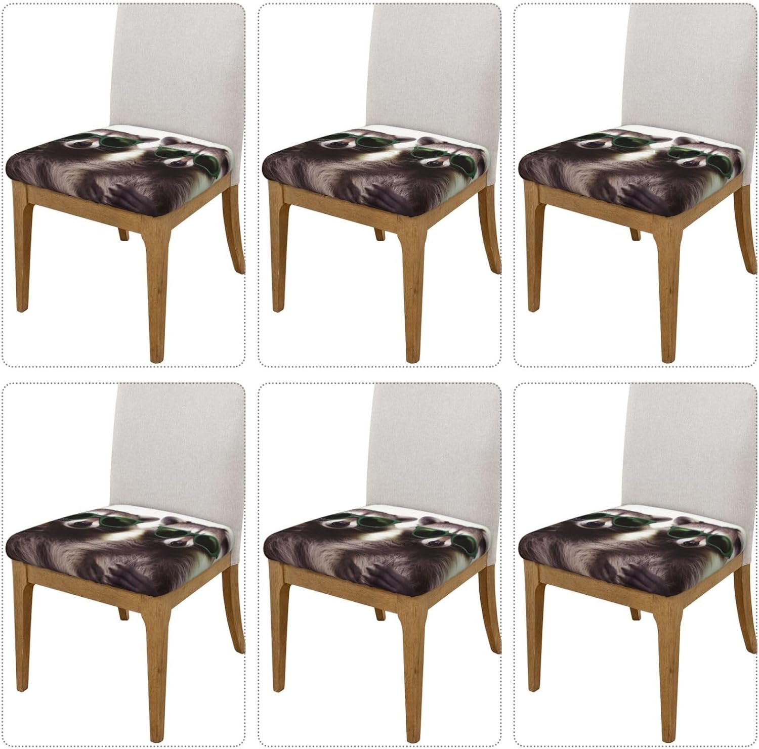 6PCS Stretch Seat Covers Set, Funny RaccoonChair Covers for Dining Room, Square Chair Seat Slipcovers with Ties, Removable Washable Dining Chair Protector Seat Cover for Kitchen Office