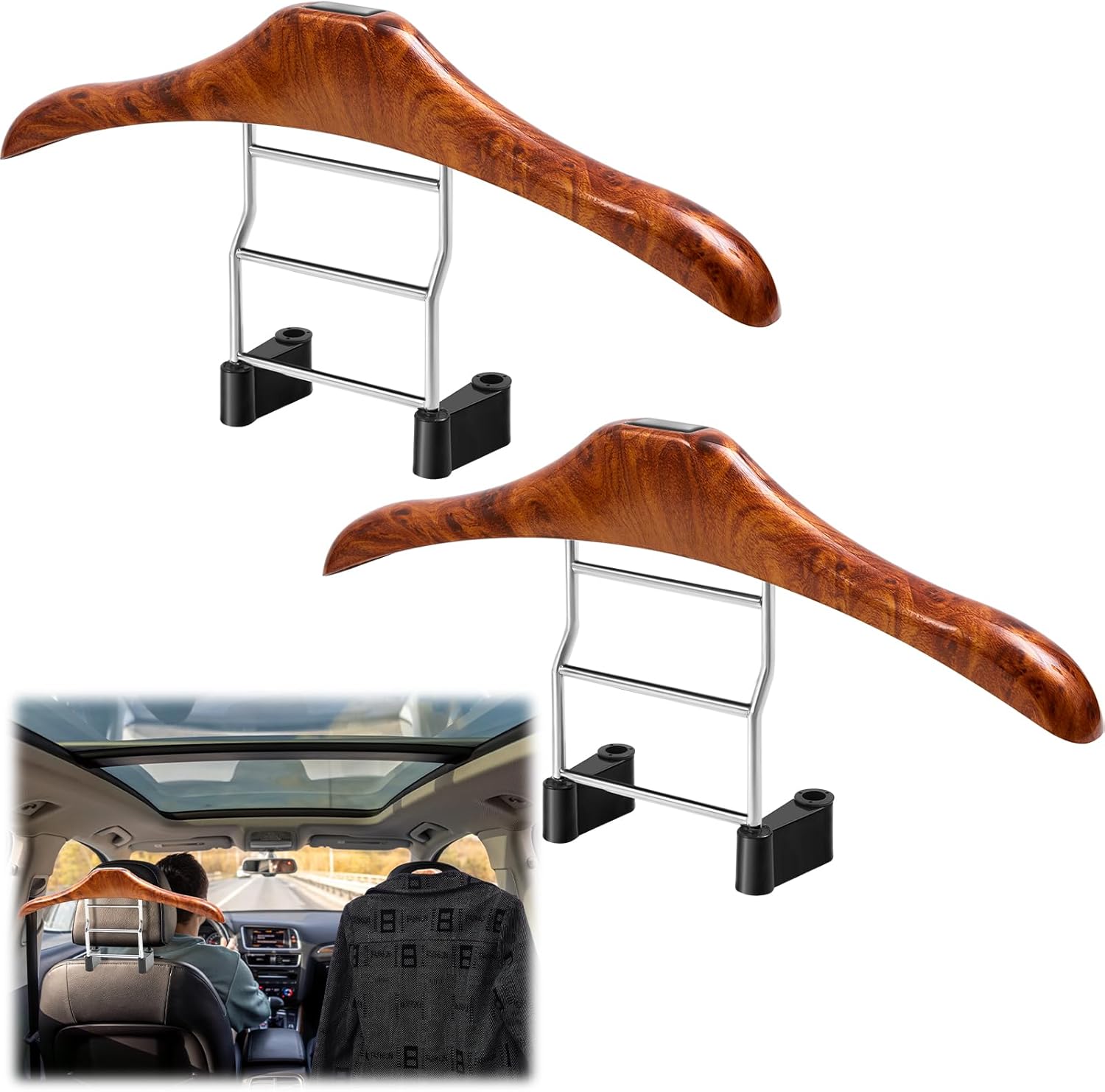 2 Pack Car Coat Hanger, Headrest Back Car Seat Coat Hanger, Multifunctional for Clothes, Suit, Jacket, Shirt, Seat Organizer, Plastic and Metal Design, Wood Grain Design