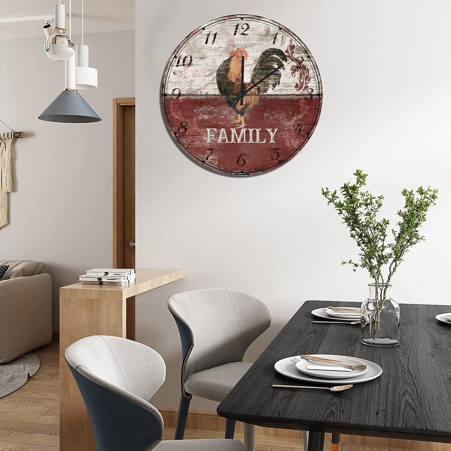 UFunhome 15-Inch Rustic Wooden Wall Clock Silent Non Ticking Battery Operated Round Clocks Vintage Chickens Rooster Home Decor Retro Hanging Wall Clocks for Patio Pool Bathroom Bedroom