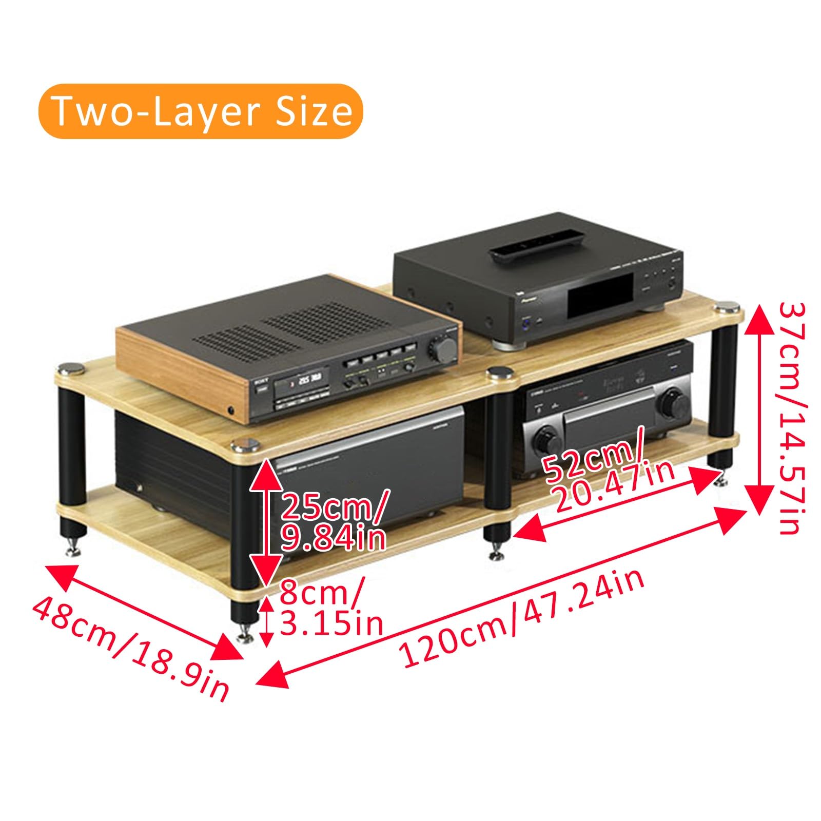Mahoń 2-poziomowy stojak stereo, narożna półka na media AV, wieża audio, stylowe centrum rozrywki do przechowywania i wyświetlania komponentów stereo, 120 x 48 x 37 cm