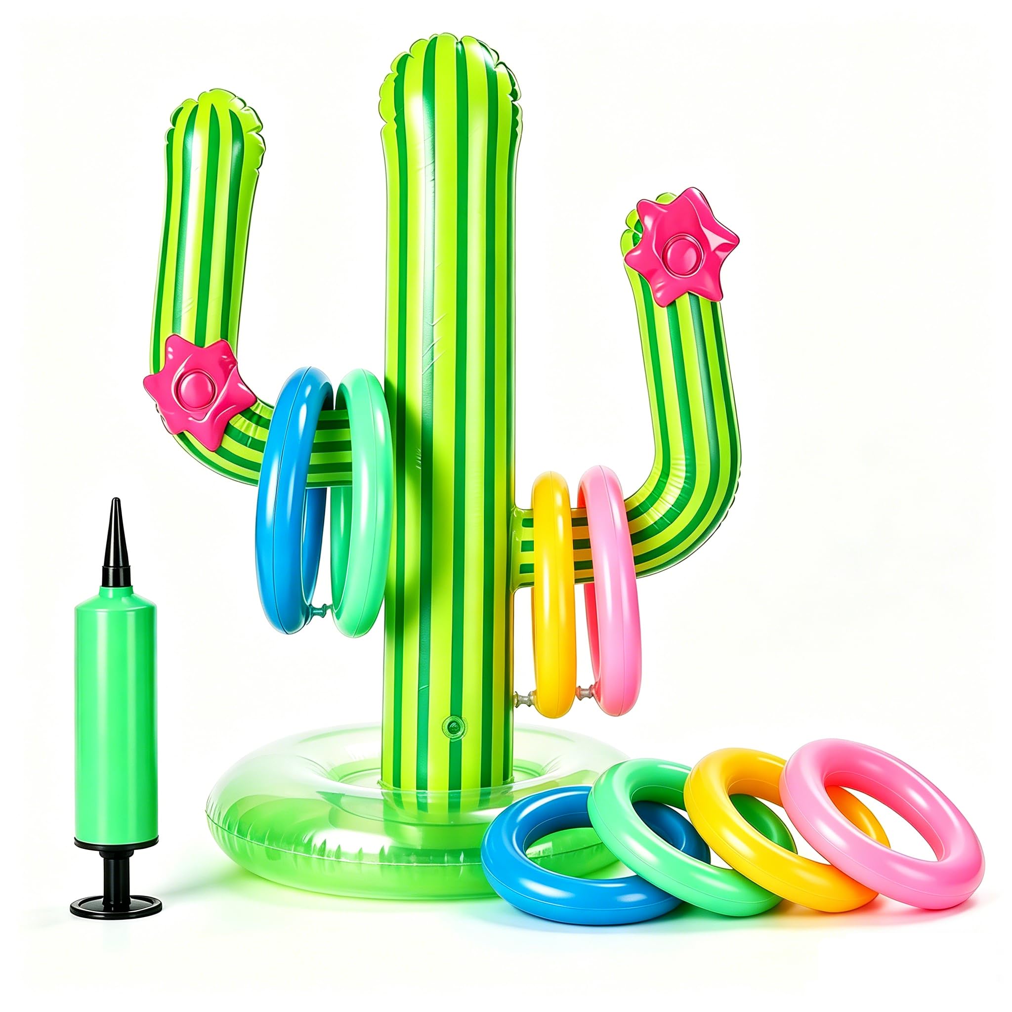 Inflatable Cactus Ring Toss Game, 25 Inch (63cm) Pool Toys with 4 Colourful Rings & Hand Pump, Summer Beach Garden Party Water Game for Adults