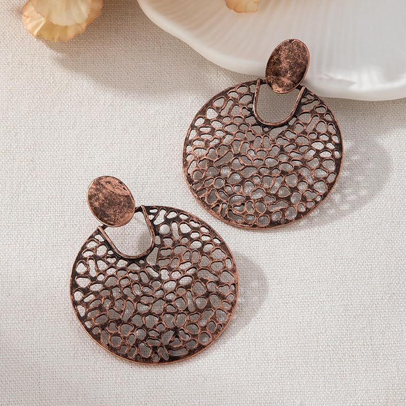Necklace And Earring Sets For Women, Circular Hollow Metal Pendant Vintage Necklaces With Long Chain Bohemian Style Jewelry Gift (Bronze-circle) - Image 4