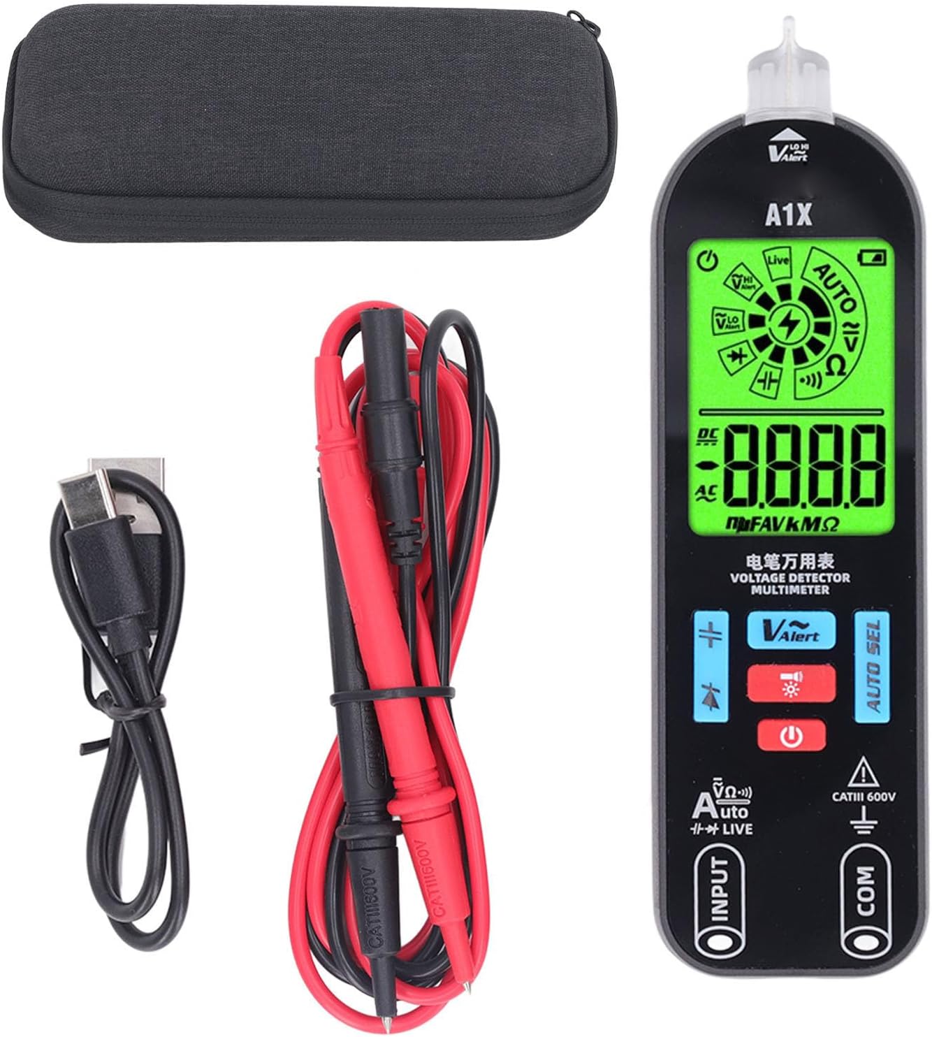 Eujgoov Digital Multimeter A1X with test probes, USB cable, and storage bag