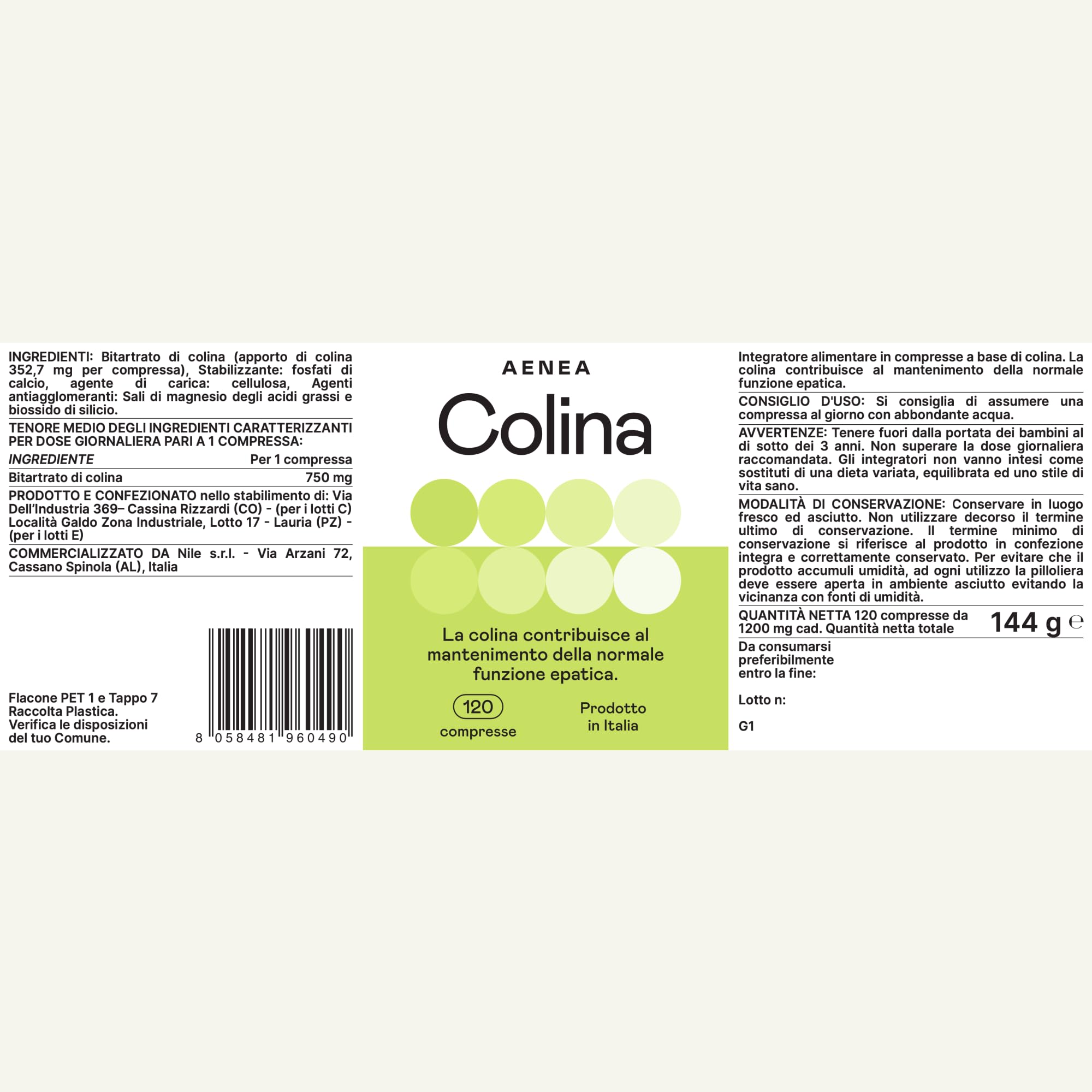 Choline Complément 120 cps Haute Dosage - 1200 mg Choline Bitartrate purifie le foie pour fonction hépatique et métabolisme des graisses, action purifiante, désintoxication, fourniture 4 mois Made in