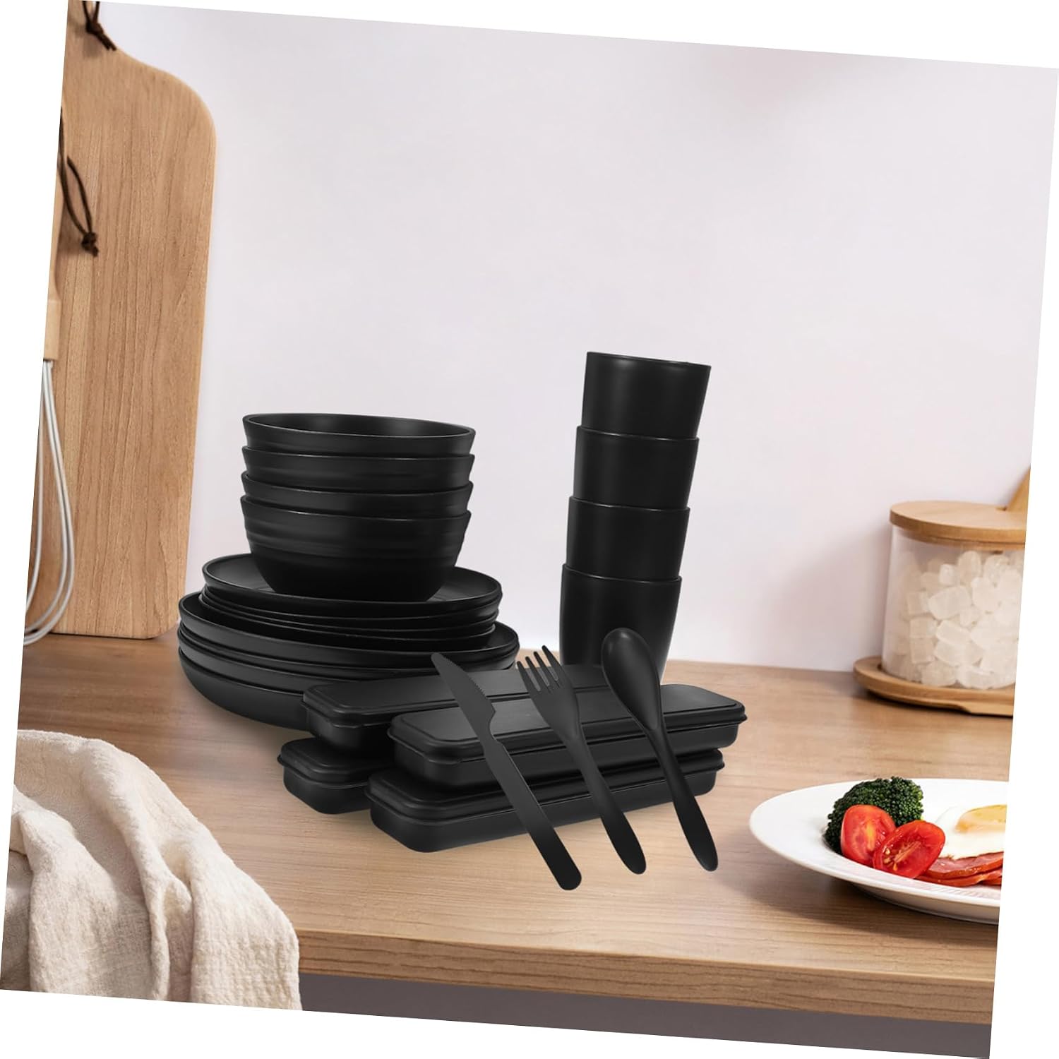 4sets Black Tableware Bowl Plate Cup Spoon Fork Camping Picnic Dinnerware Utensils Portable