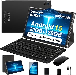 2026 Android 15 Tablet, 10 Inch Octa-Core Tablets 22GB+128GB+1TB Expand, 2-in-1 Electronic Tablet with Keyboard Mouse, 8000mAh, 1280x800 IPS Display, GPS,Widevine L1, Split Screen, Metal Body -Black