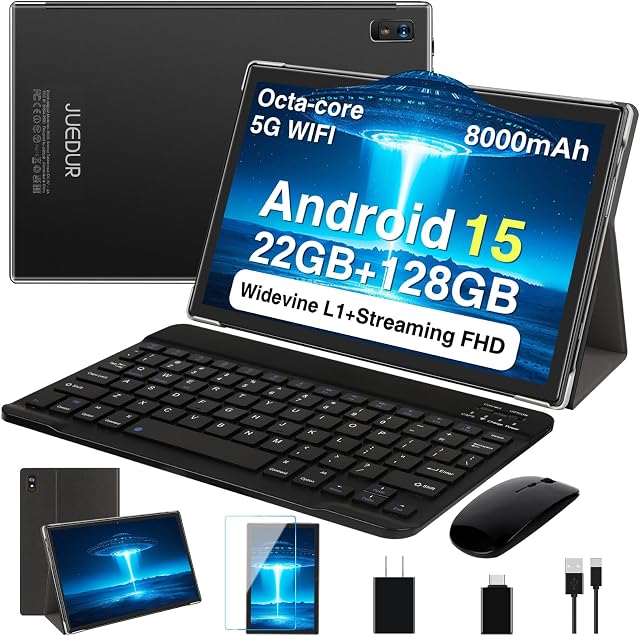 2026 Android 15 Tablet, 10 Inch Octa-Core Tablets 22GB+128GB+1TB Expand, 2-in-1 Electronic Tablet with Keyboard Mouse, 8000mAh, 1280x800 IPS Display, GPS,Widevine L1, Split Screen, Metal Body -Black