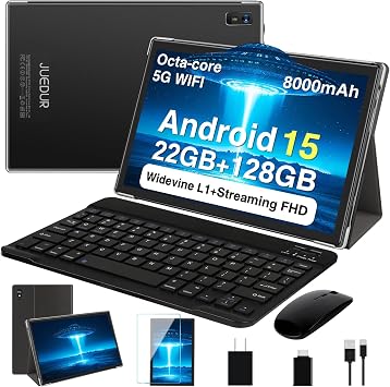 2026 Tablet, 10 Inch Android 15 Tablets 22GB+128GB+1TB Expand, 2-in-1 Octa-Core Electronic Tablet with Keyboard Mouse Case, 8000mAh Battery, 1280x800 HD IPS Display, GPS,Widevine L1, Metal Body -Black
