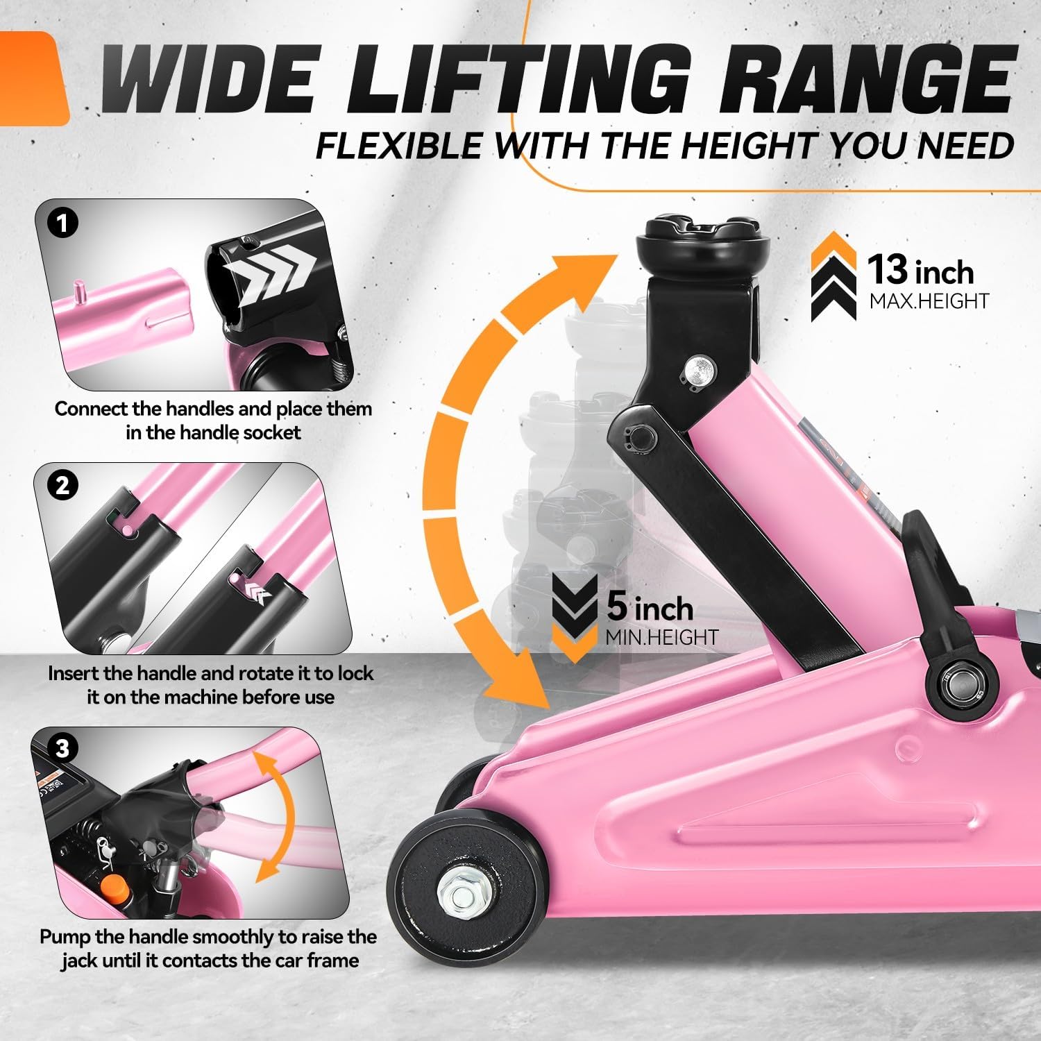 Auto Dynasty 2 Ton Floor Jack, Heavy Duty Steel Hydraulic Car Jack with Single Piston Quick Lift Pump, Hydraulic Racing Floor Jack, Lifting Range 5.1" to 13", Pink
