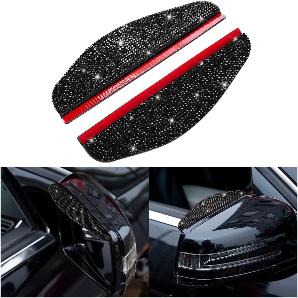 2PCS Car Rearview Mirror Rain Eyebrows, Bling Crystal Rain Visor Guard, PVC Waterproof Auto Mirror Visor Smoke Shade Cover, Automotive Exterior Accessories Decor (Black)