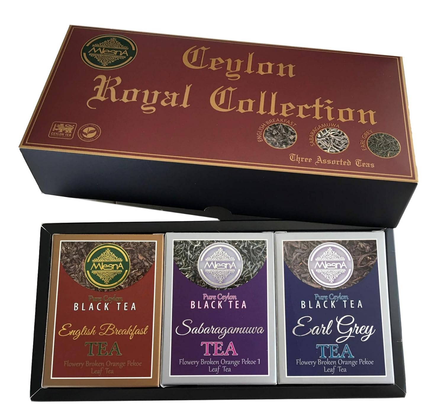 Mlesna Pure Ceylon Fine Black Loose Tea Royal Collection Luxury Gift Pack- 3 Assorted Tea English Breakfast, Ceylon Earl Gray and Sabaragamuwa Black Tea Orange Pekoe Gift Box