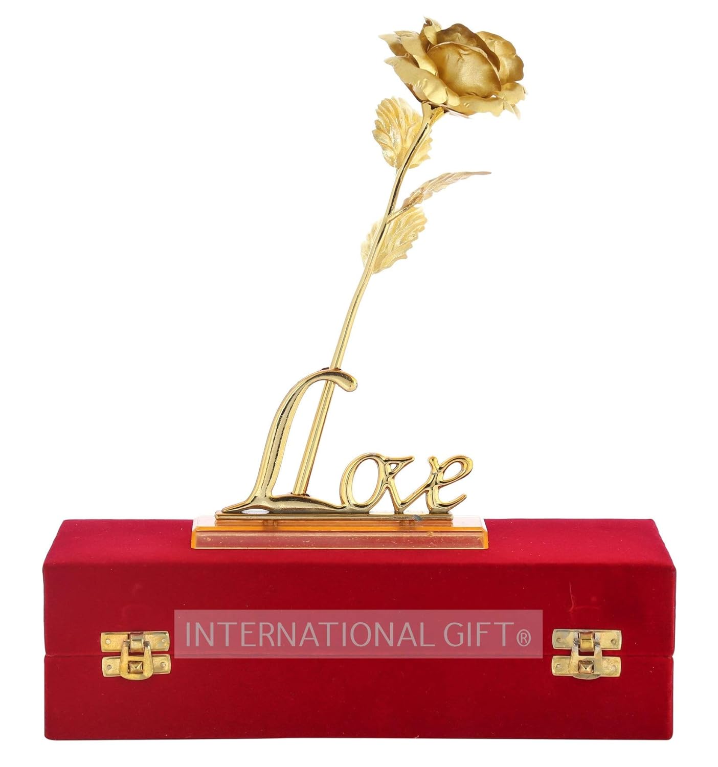 Buy Golden Rose Flower with Love Shape Stand and Luxury Red Gift Box