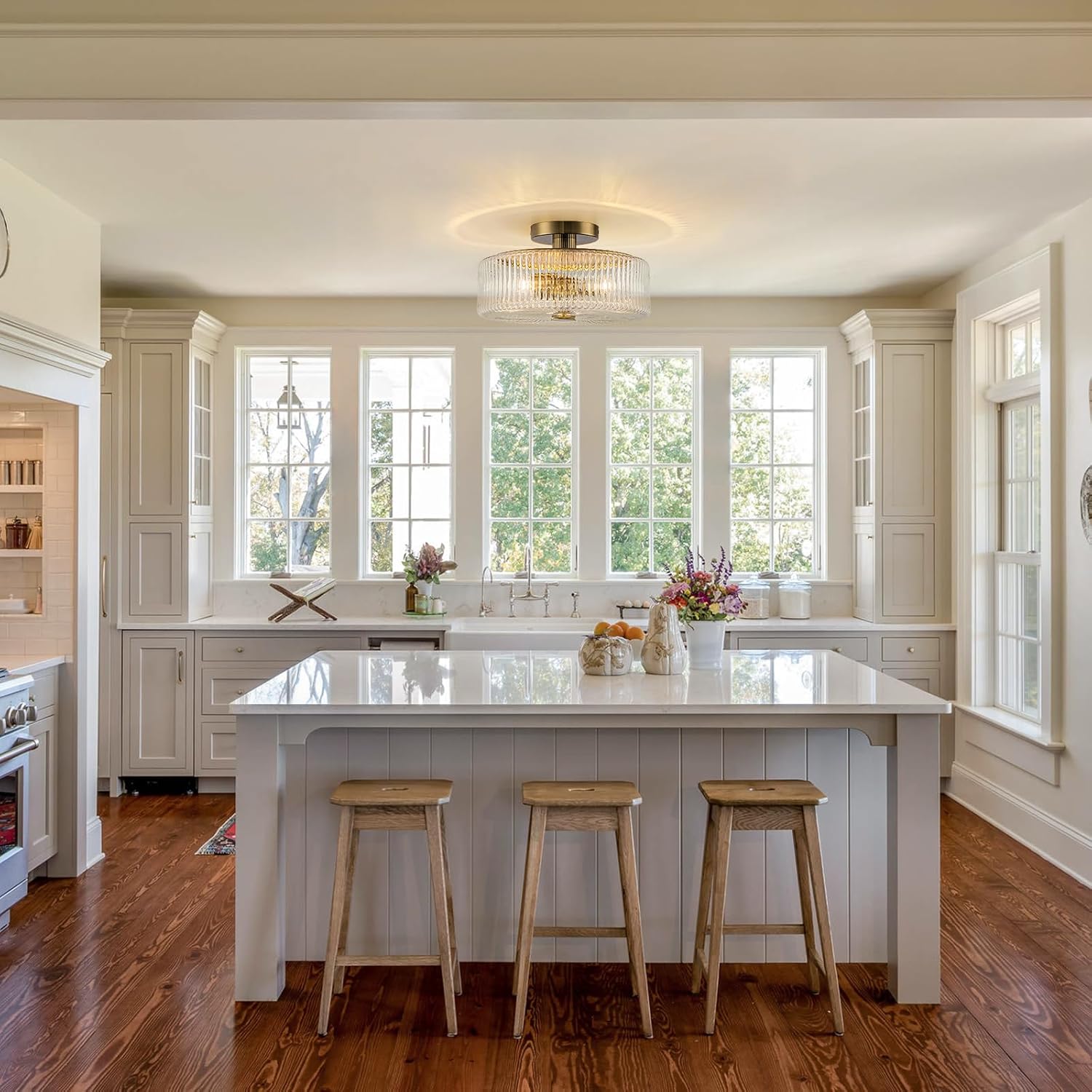 Mid-Century Modern Gold Semi Flush Mount Ceiling Light,3-Light Kitchen Ceiling Light Fixture with Clear Striped Glass Shades,for Bedroom,Hallway,Entryway (13.9 inch)