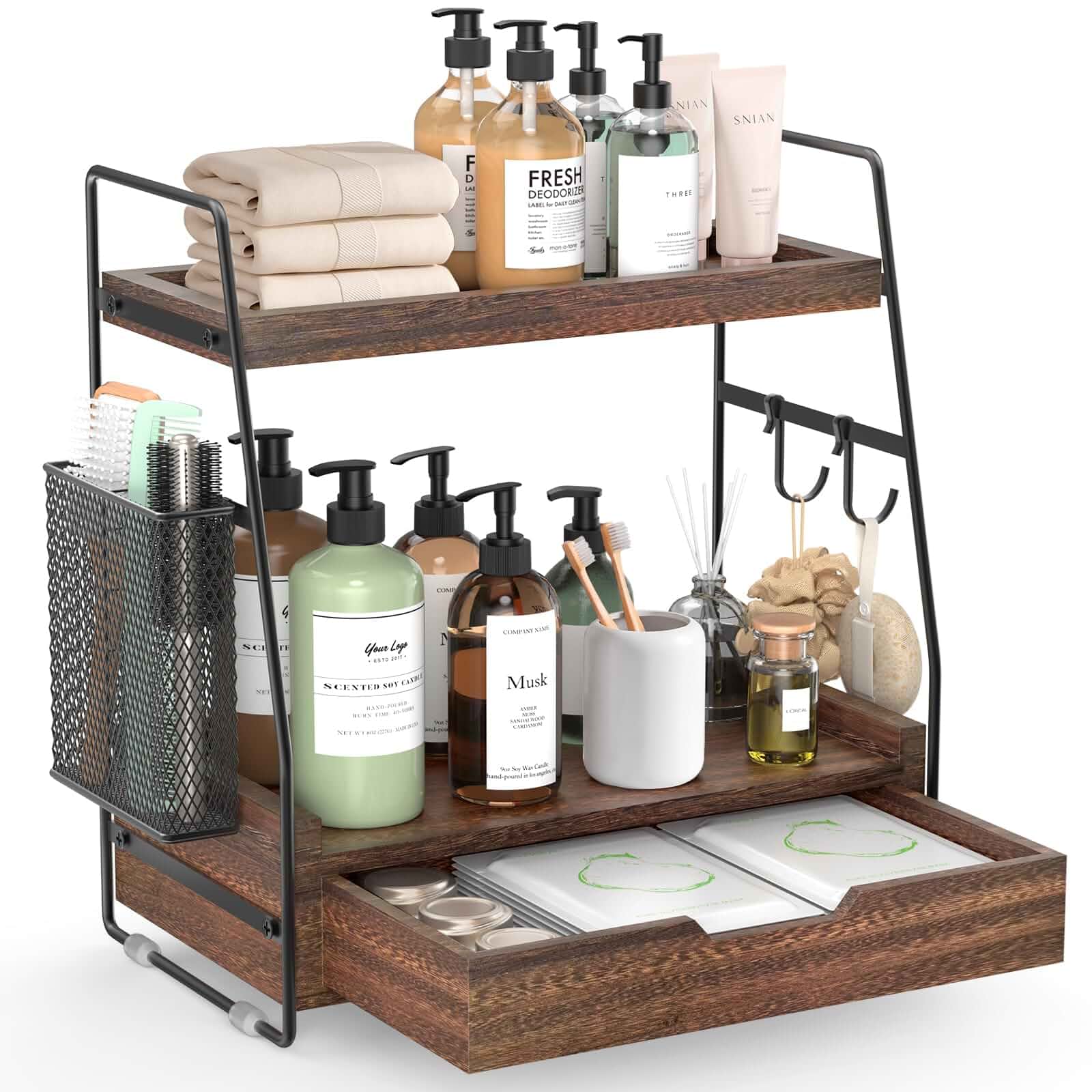 2-Tier Bathroom Counter Organizer with Drawer, Wood Counter Storage Shelf Bathroom Vanity Organizer Countertop for Makeup, Skincare, Perfume, with Removable Basket, 13.4" x 7.9" x 14.5", Dark Brown