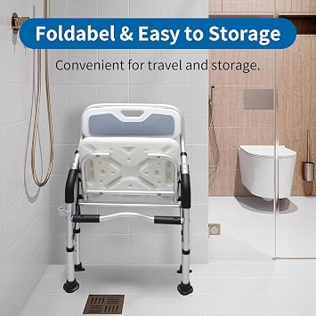 Shower Chair for Elderly & Disabled, Folding Shower Chair Seat with Arm and Back, Inside Shower Chair, Foldable Bathroom Chairs for Sitting, Portable for Travel - Collapsible, Compact & Comfortable