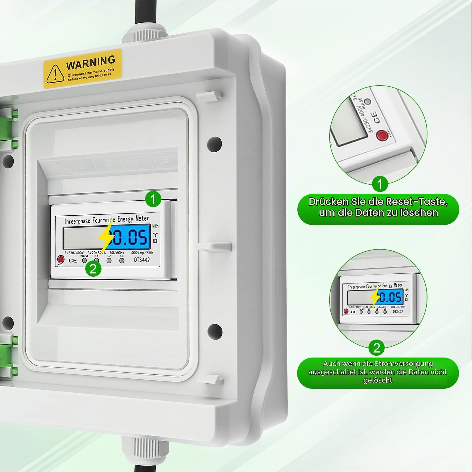 Mobiler Stromzähler 3 Phasen, 32A 380V Mobiler Digitaler Digitalzähler mit CEE Stecker und Kupplung, Digitaler Zwischenzähler mit Reset, IP65 Wasserdichtem Gehäuse